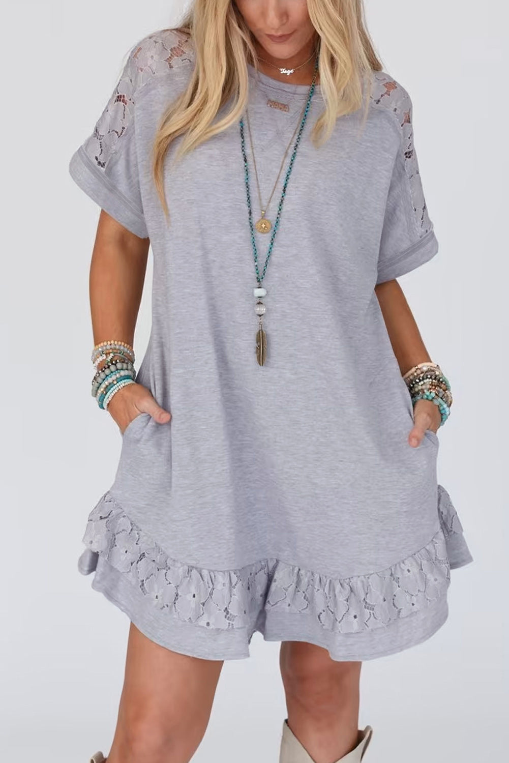 Ivy Summer Light Gray Women T shirt Dress Bohemia